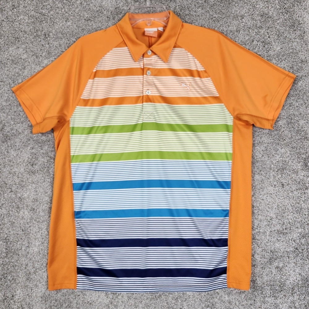 Puma Polo Shirt Mens Medium SportLifestyle Orange Striped Multicolor Golf